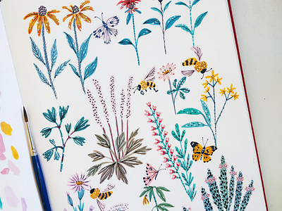 Flowers explore art bees butterflies drawing flowers gouache hand drawn illustration nature