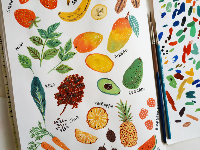 Fruits and Vegies healthy food gouache hand drawn art vegetables fruits nature drawing illustration