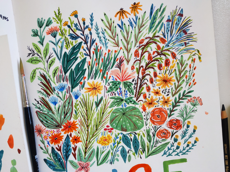 Thank you card hand drawn gouache nature flowers greeting card drawing illustration
