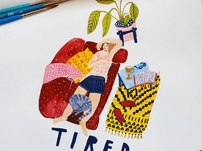 Tired character design drawing gouache hand drawn home illustration