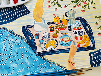 Breakfast in bed art breakfast drawing food gouache hand drawn illustration