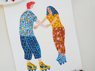 Support each other art character design drawing flowers gouache hand drawn happy couple illustration skates