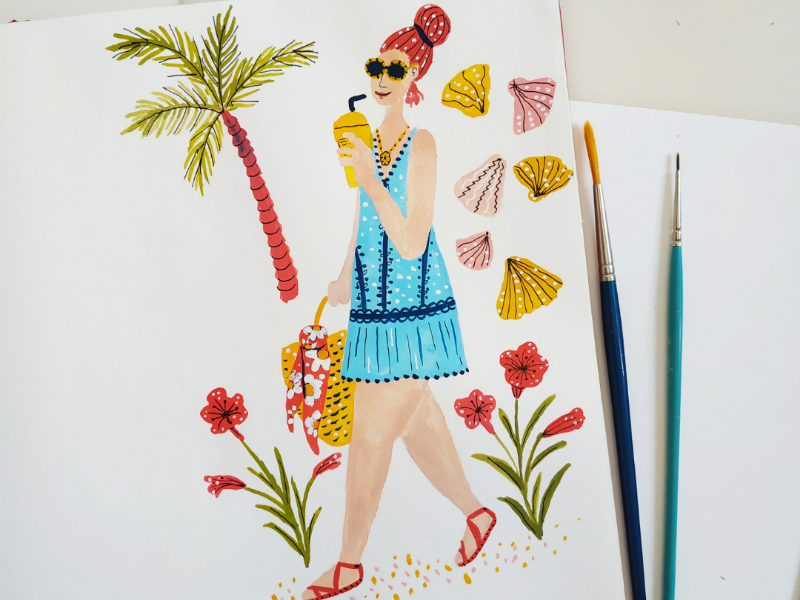 Summer girl girl woman beach character design summer drawing gouache hand drawn illustration