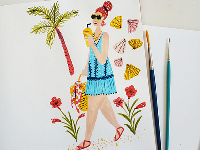 Summer girl beach character design drawing girl gouache hand drawn illustration summer woman