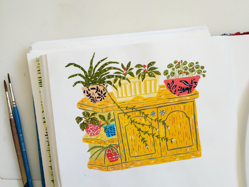 Plants home flowers plants gouache hand drawn drawing illustration