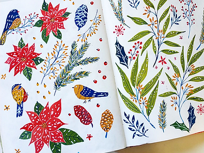 Festive sketches art birds christmas drawing flowers gouache hand drawn holidays illustration winter xmas