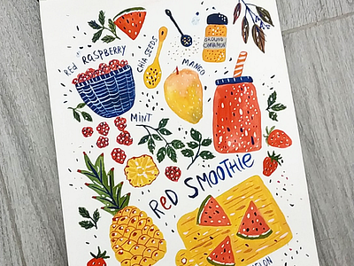 Red smoothie illustration art drawing food fruits gouache hand drawn illustration