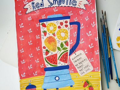 Red smoothie recipe art blender drawing fruits gouache hand drawn illustration recipe summer