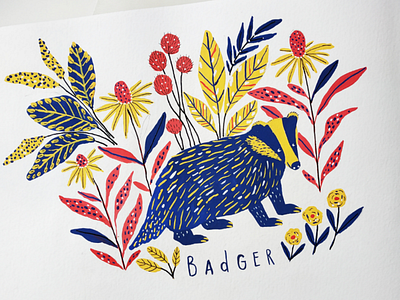 Badger animal art badger drawing flowers gouache hand drawn illustration nature