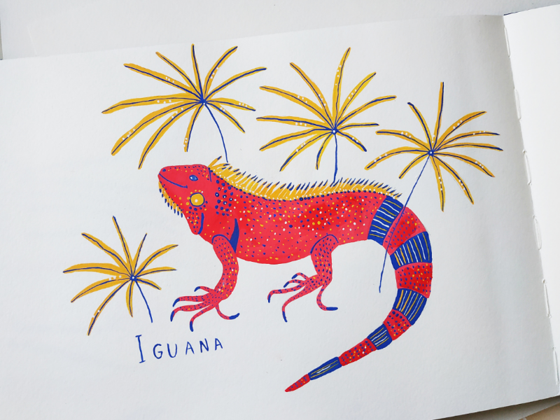 Iguana hand lettering animals nature hand drawn gouache art drawing illustration