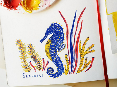 Seahorse alphabet animals art drawing gouache hand drawn illustration nature painting