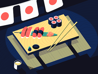 Iso Dreams of Sushi chopsticks food geta halftones ikura illustration isometric nigiri rice saki sushi wood