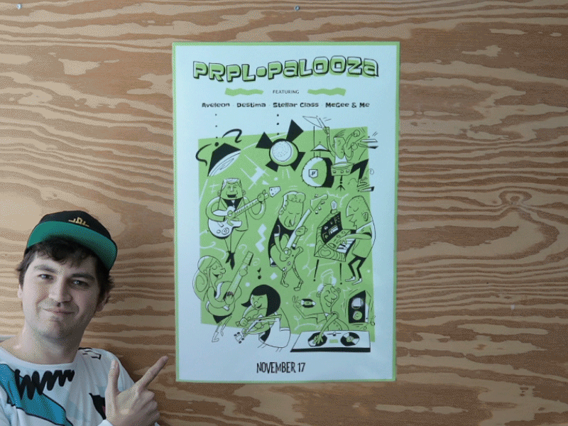 PRPL Palooza Poster band illustration mid century cartoon music poster prpl purple rock scissors palooza show