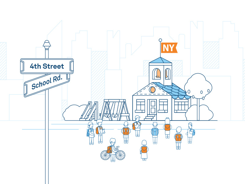 NY School System - Neighborhood Schools building flat illustration monoweight new-york school stroke