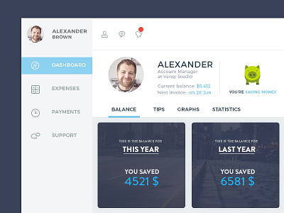 Dashboard for money saving service tables user interface ux