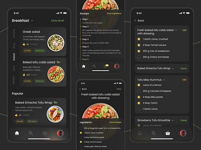 Recipes App Concept card clean concept cooking dark theme design food app glass morphism ingredient interface ios meal menu minimalism mobile mobile app mobile ui recipes ui ux