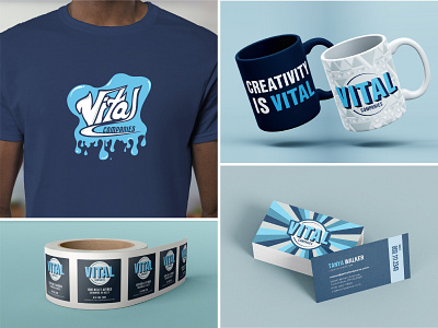 Vital Companies - Visual Identity Application bold brand brand identity branding business card circle design grafitti marketing merch design merchandise mug slime sticker sticker roll tee shirt typography video prodcution visual identity vital