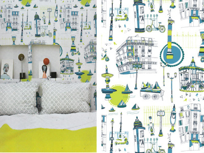 Parisian Life architecture bike blue boats carousel green illustration lime paris quirky scooter surface pattern wall covering