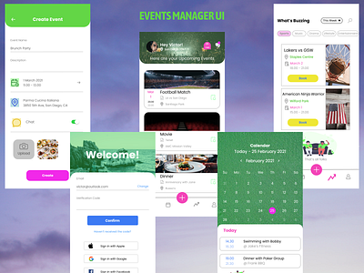 Events Manager UI app design events events app green illustration trending trending ui ui ux vector