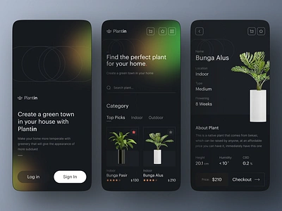 Plantin - Plants Shop Mobile App 🍀 app clean dak mode design flowers garden gradient leaves minimal minimalist mobile nature plant planting plants pot shop simple ui ui design