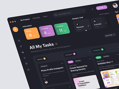 ⚡ Task Management - Dashboard Dark Mode Version clean clean dashboard dark mode dashboard design ios manage management app manager minimal minimalist mobile saas task task dashboard management task list task management tasks team ui