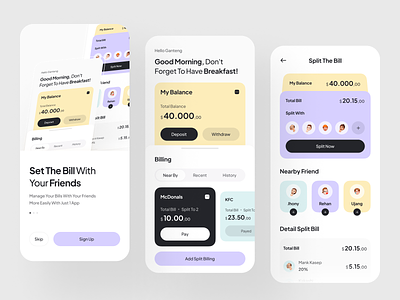 Split Bill - Mobile App Design 💵 bills clean design exchange flat illustration ios memoji minimal minimalist mobile payment product design retro split split bill toptup transaction ui wallet