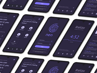 Mental Wellbeing Mobile Application android application clean dark design elegant figma gratitude iphone meditation mental health minimal mobile mobile app mood simple ui ux wellness zen