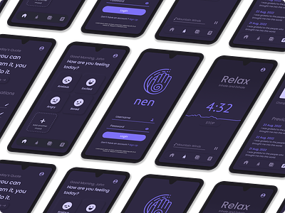 Mental Wellbeing Mobile Application android application clean dark design elegant figma gratitude iphone meditation mental health minimal mobile mobile app mood simple ui ux wellness zen