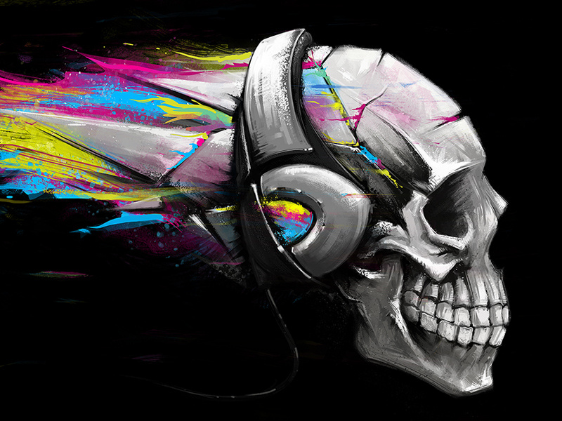 Skull illustration drawing skull digital painting headphones music explosion