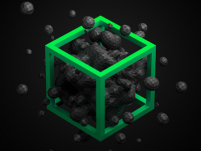 Abstract polygonal shape 3d abstract black cube green line low poly polygon polygonal shape splash wireframe