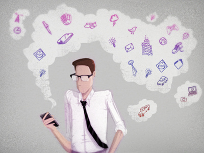 Business man app illustration scatterbrain technology thoughts walk