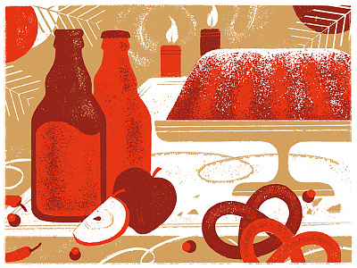 Holiday dinner bottle brush card christmas dinner flat food illustration postcard retro texture