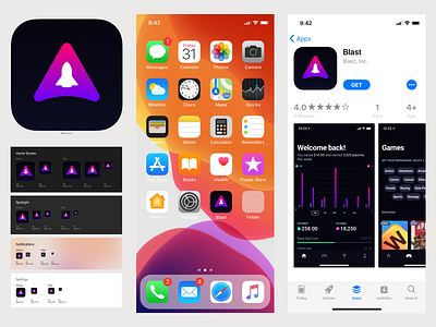 Blast iOS App icon and App Store assets app store app store icon dark dark mode dark ui fintech gaming icon ios product product design space spaced spaceship uiux