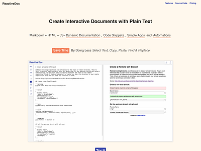 ReactiveDoc - Create Interactive Documents with Plain Text app app builder automation components documentation editor html interactive js landing page markdown react reactive ui ux web widgets
