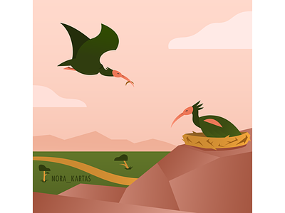Northern Bald Ibis adobe illustrator africa animal art bird digital green ibis illustration mountains nature pink rare vector yellow