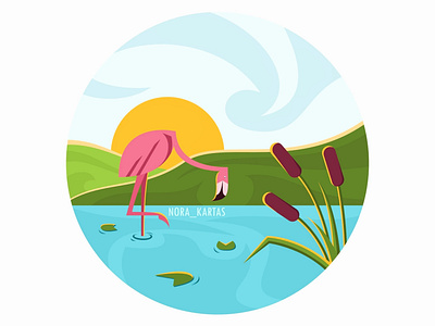 The Flamingo bird adobe illustrator animal art bird blue cattail design flamingo graphic design green illustration lake nature pink sun vector vector illustration water lily yellow