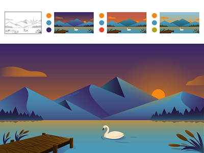 Swan on the lake adobe illustrator art blue bridge commercial graphic design illustration lake mountains nature packaging purple sun swan vector water websites wild yellow