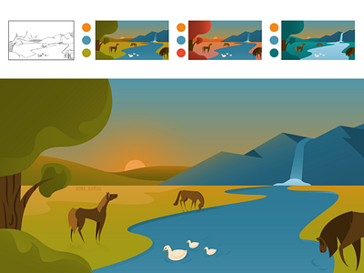 Horses at the watering hole adobe illustrator art blue duck graphic design green horse illustration mountains nature packaging tree vector water wild yellow