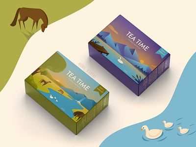 TEA TIME | Packaging and logo design for a tea company adobe illustrator adobe photoshop art branding duck graphic design horse illustration lake logo minimalistic mountains nature package packaging packaging design swan vector