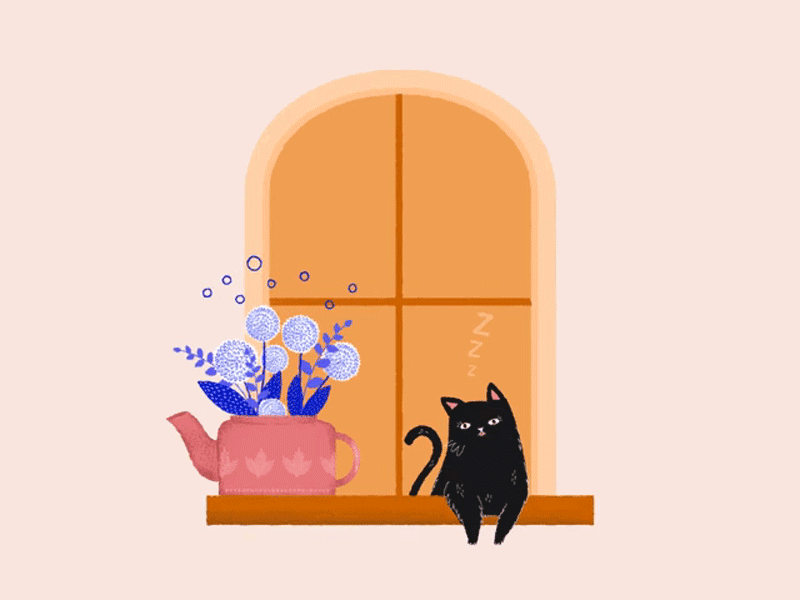 Window Cat animals balcony black botanical cat cute flowers gatto illustration italy lilac motiongraphics nature nero photoshop plants quarantine spring window