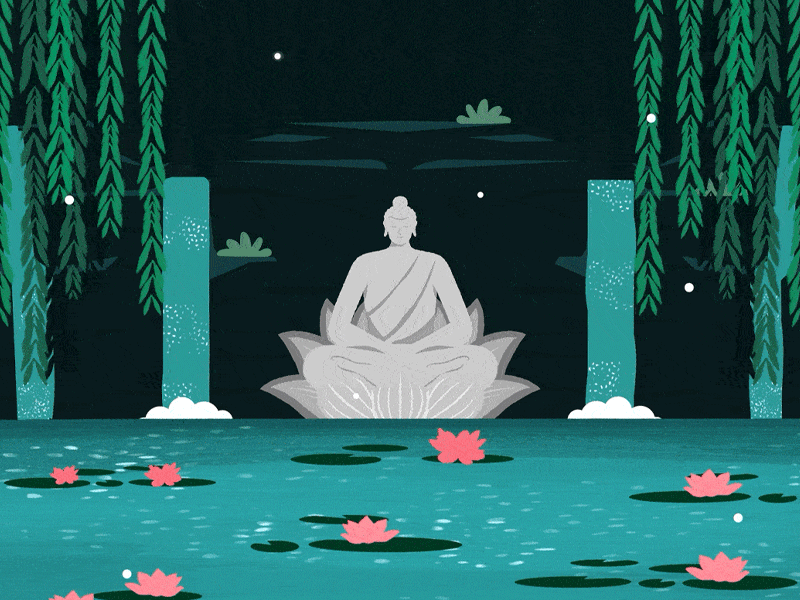 Buddha in a lily pond animation buddha buddhism buddhist design fireflies flower illustration lake lily lilypad lotus nature peaceful pond travel visual water weekly challenge