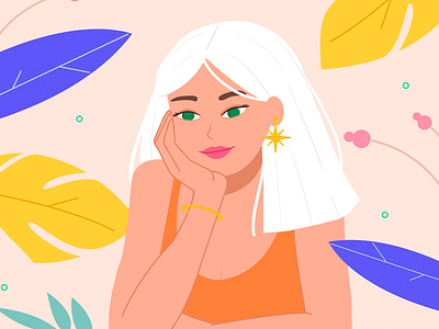 Summer Dreaming aesthetic artist cute expression face fun with faces girl hair illustration india italy leaves lips moon pink sun tangerine tropical white woman