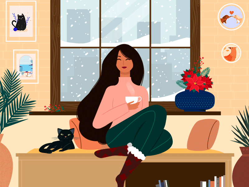 Cozy Reading Spot animation apartment autumn books cat christmas cosy digitial hot chocolate hygge illustration illustrator italy january milan procreate reading snow winter woman