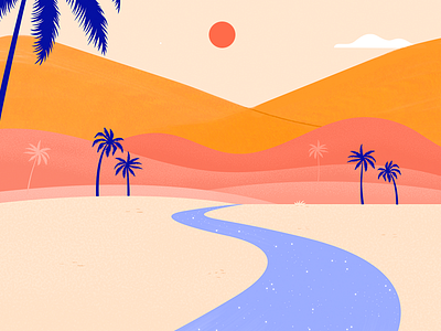 Sunrise in the Desert clouds desert design digital dreamy dunes illustration lilac mountains orange palm trees river shine stars subset sunrise travel tropical vector yellow