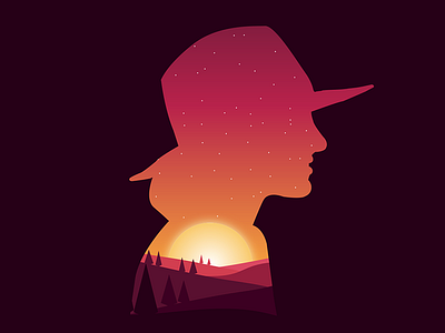 Sunset Love hat illustration love scenery silhouette stars sunset warm woman