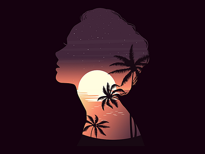 Sundown beach evening hue lady night orange palm scene sky sunset trees