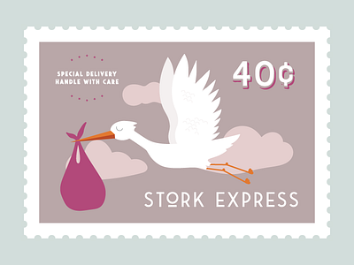 Stork Express baby illustration purple stamp stork typography vector
