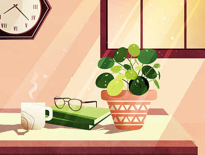 Relaxing Day adobe illustrator book coffee design drawing flat glasses graphic green illustration nature orange pilea plant yellow zen