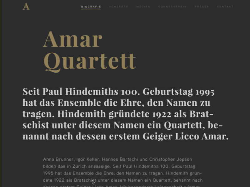 Amar Quartett Landing Page branding classical clean dark gold minimal music quartet ui web design
