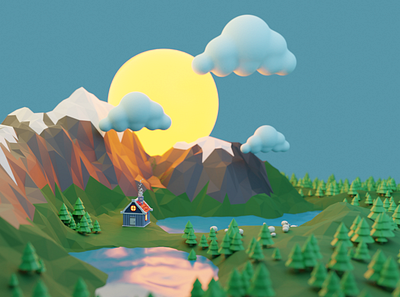 Lonely farm 3d blender diorama farm illustration isometric lowpoly lowpolyart mountains render